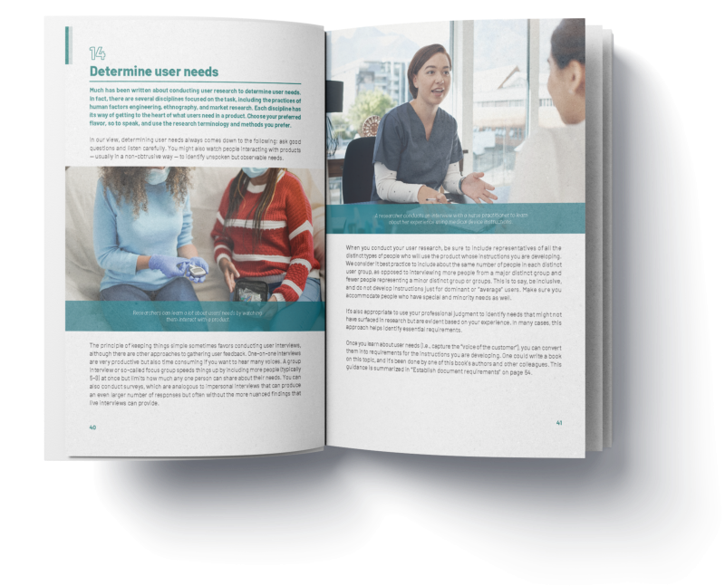 Sample spread titled 'Determine user needs' from the book showing detailed instructional design methodology